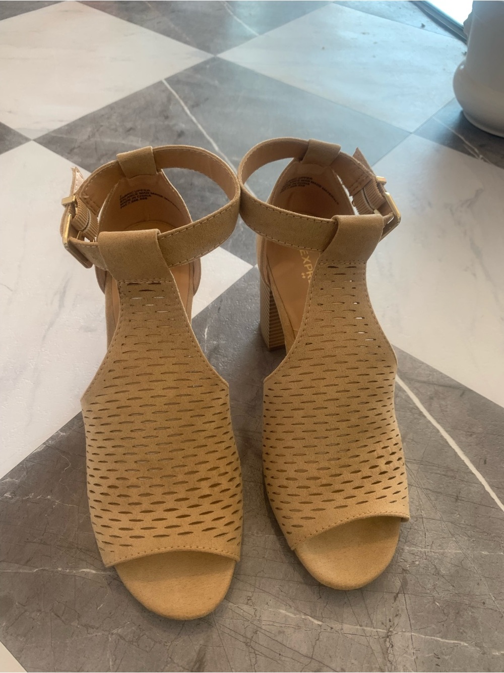 Express Women's Tan Perforated Suede Block Heel Sandals